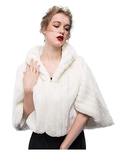 BEAUTELICATE Women’s Faux Fur Shawl Wrap Stole for Winter Wedding Bridal Cape Jacket Bolero Bridesmaid Shrug Capelet(One Size, Off White)