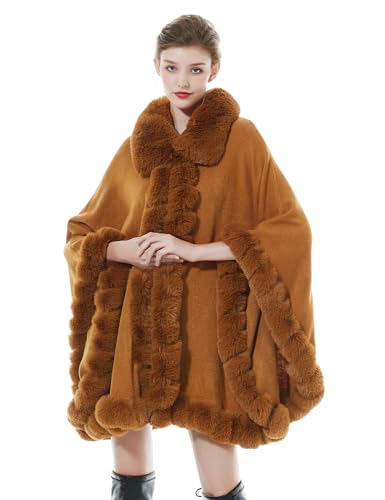 BEAUTELICATE Fine Knit Cape Coat Women’S Cardigan Poncho Knitted Cloak Oversize Faux Fur Shawl Wrap Stole for Autumn Winter Wedding Bride Bridesmaids Causal Manteau(One size, Camel)