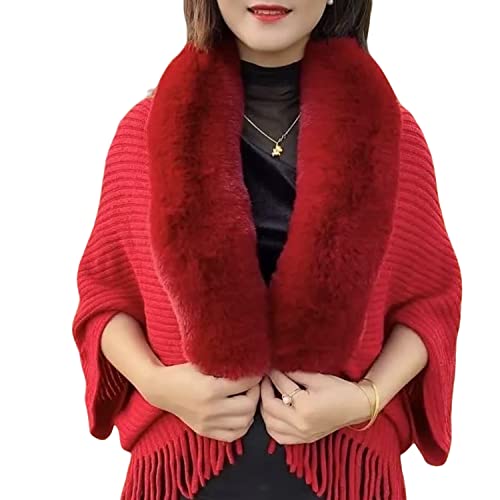 Luluwin Knitting Thick Women's Loose Shawl Poncho Cape Reversible Oversized Long Knitting Warm Wrap for Women Ladies in Winter (Red)