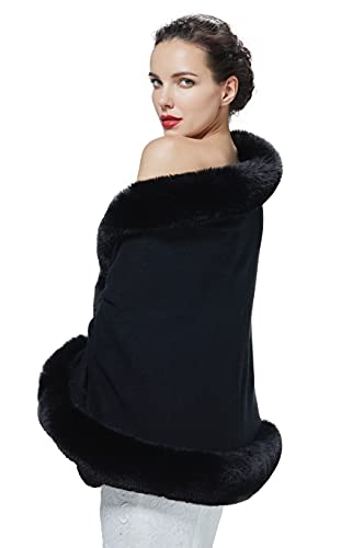 BEAUTELICATE Faux Fur Shawl Winter Wedding Wraps Bridal Bridesmaids Stole Shrug Women Knitted Cape Cardigan(One Size, Black)