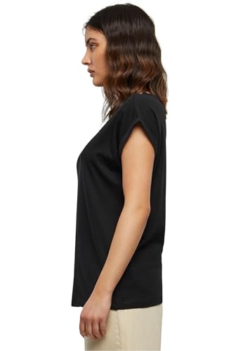 Urban Classics Women's Ladies Extended Shoulders Tee Basic T Shirt with Capsleeves Shortsleeve T Shirt Top Crew Neck, Black, M UK