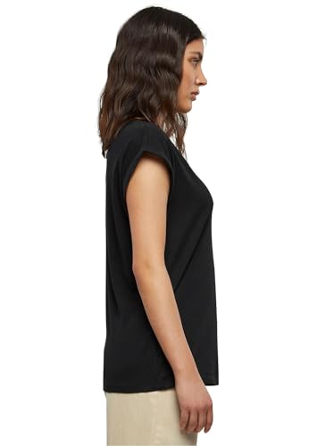 Urban Classics Women's Ladies Extended Shoulders Tee Basic T Shirt with Capsleeves Shortsleeve T Shirt Top Crew Neck, Black, M UK