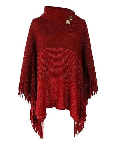 JFAN Ponchos for Women Warm Women's Elegant Knitted Poncho for Winter with Fringe Roll Neck Poncho Capes Cardigan with Buttons,Red,One Size