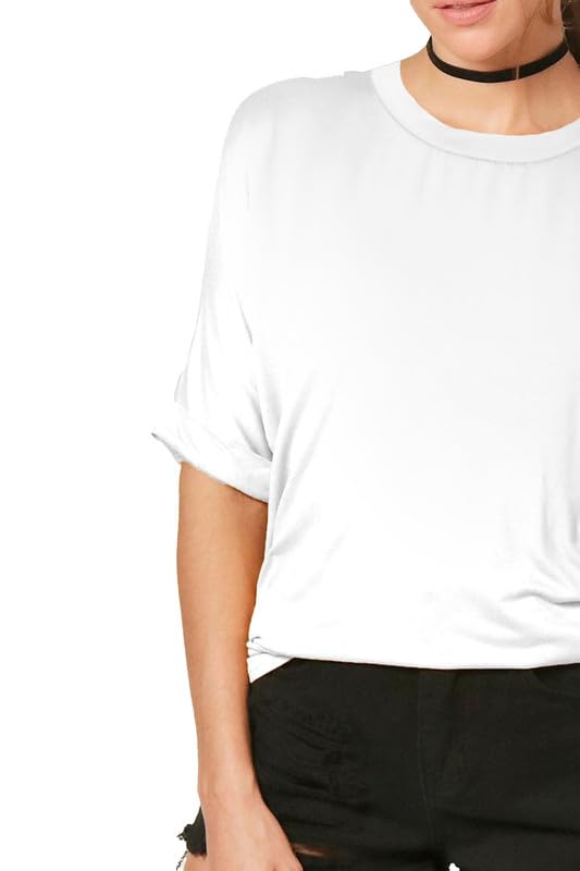 Womens Ladies Oversized Fit Banded Round Neck T Shirt Top Baggy Turn Up Sleeve Loose Plus Size Batwing Slouch Longline (UK 20-22 XXL (Plus Size), White)