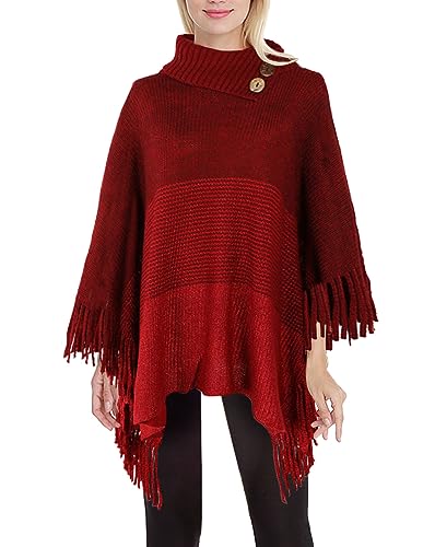 JFAN Ponchos for Women Warm Women's Elegant Knitted Poncho for Winter with Fringe Roll Neck Poncho Capes Cardigan with Buttons,Red,One Size