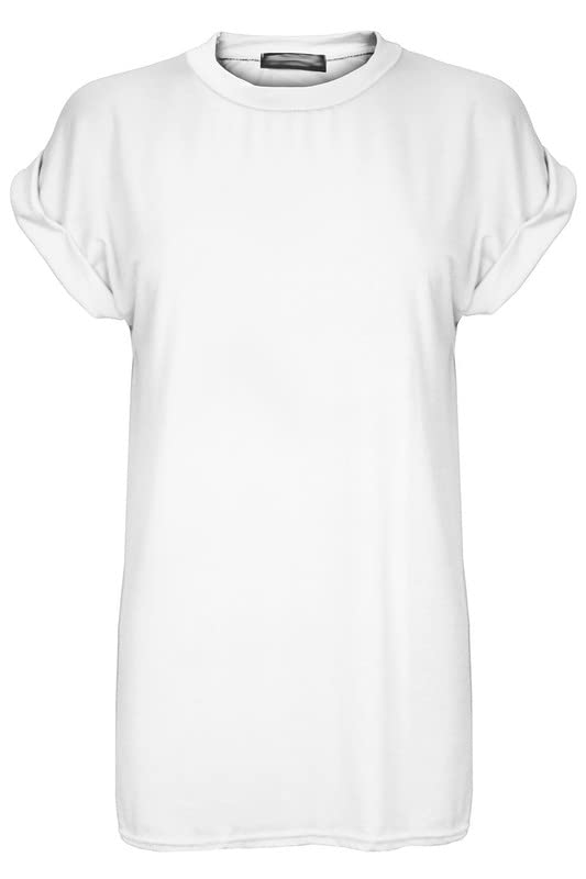 Womens Ladies Oversized Fit Banded Round Neck T Shirt Top Baggy Turn Up Sleeve Loose Plus Size Batwing Slouch Longline (UK 20-22 XXL (Plus Size), White)