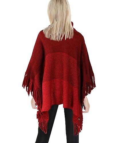 JFAN Ponchos for Women Warm Women's Elegant Knitted Poncho for Winter with Fringe Roll Neck Poncho Capes Cardigan with Buttons,Red,One Size