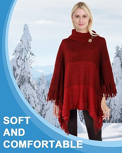 JFAN Ponchos for Women Warm Women's Elegant Knitted Poncho for Winter with Fringe Roll Neck Poncho Capes Cardigan with Buttons,Red,One Size