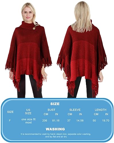 JFAN Ponchos for Women Warm Women's Elegant Knitted Poncho for Winter with Fringe Roll Neck Poncho Capes Cardigan with Buttons,Red,One Size