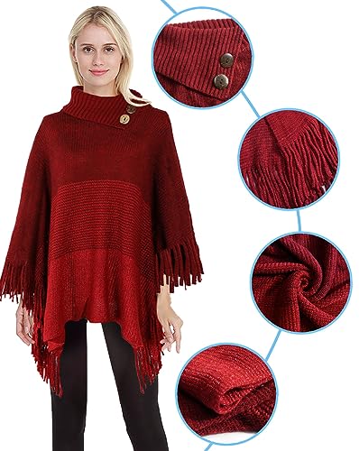 JFAN Ponchos for Women Warm Women's Elegant Knitted Poncho for Winter with Fringe Roll Neck Poncho Capes Cardigan with Buttons,Red,One Size
