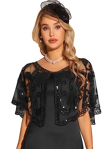 Allegra K Women's Sequin Beaded Shawl Wraps Evening Cape Bridal Cover Up Black M