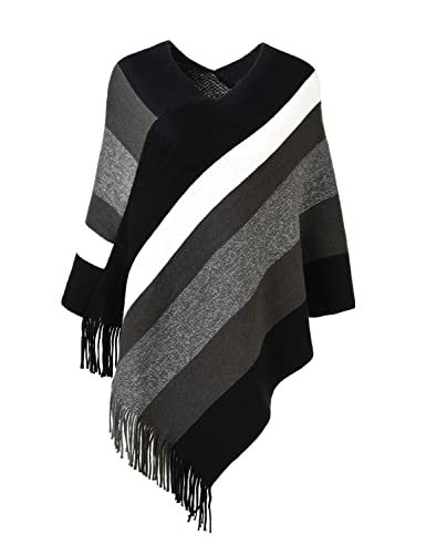Ferand Women's Casual Striped Poncho Sweater Versatile Fringe Shawl Wrap for Fall Winter, One Size, Black & Grey