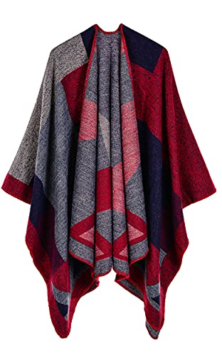 CheChury Women Printed Poncho Cape Reversible Scarf Oversized Shawl Wrap Open Front Cardigans Tartan Blanket Long Geometric for Women,Red