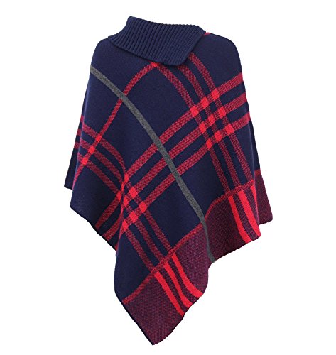 AHRLTD@ New Ladies Warm High Neck Tartan Poncho Women Knitted Wrap Cape Shawl One Size (One Size (UK 8-22), Navy)