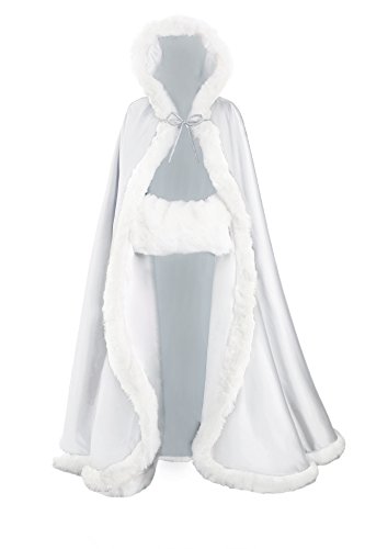 BEAUTELICATE Wedding Hooded Cloak Bridal Cape with Hood Women's Long Faux Fur Poncho Coat Winter Halloween Christmas Cosplay Costume Plus Size with Free Hand Muff(White, 55'')