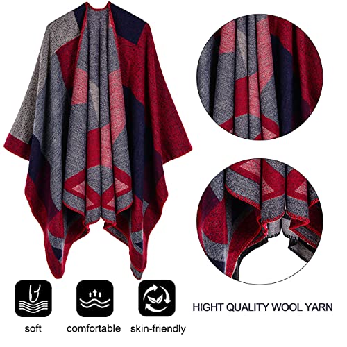 CheChury Women Printed Poncho Cape Reversible Scarf Oversized Shawl Wrap Open Front Cardigans Tartan Blanket Long Geometric for Women,Red
