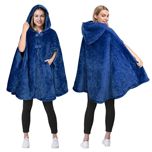 Catalonia Classy Women's Poncho Cape, Sherpa Fleece Cloak Coat, Snuggly Hooded Wearable Blanket, Gift Idea for Adults and Teen Girls,Navy