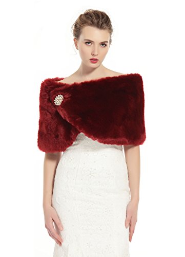 BEAUTELICATE Faux Fur Wrap Shawl Women’s Shrug Bridal Bridesmaid Stole for Winter Wedding Party Evening (One Size, Wine Red)