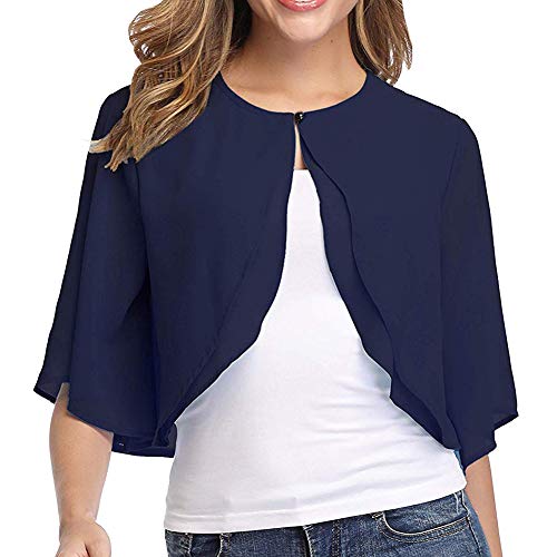 Ladiery Women's Shrugs Summer Chiffon Short Sleeve Open Front Bolero Cardigan Evening Wedding Cape Shirt Tops Outerwear Shawl Navy Blue