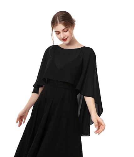 Hotshawl Capelets for women Chiffon Cape Shawls and Wraps for Evening Dress Wedding Capes Cover Up, Black, One Size