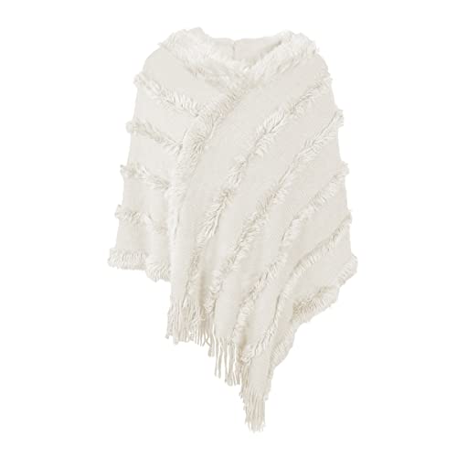 Rayson Womens Crochet Poncho with Fringe Soft Knitted Fluff Capes Solid Knitting Shawl Wrap Poncho Fringe Sweater Coats,White