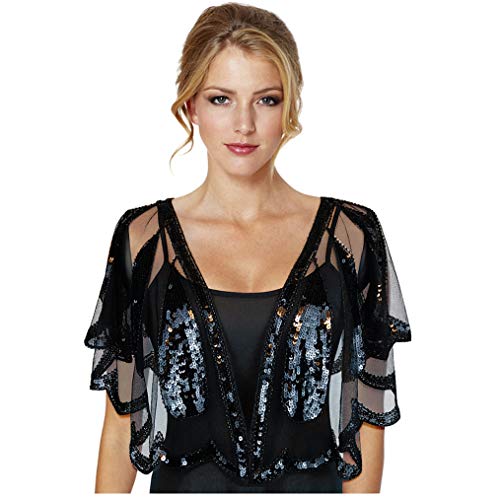 keland Women's Sparkling 1920s Cape Sequin Beaded Evening Shawl Bolero Bridal Wraps (Black)(Size: One Size)