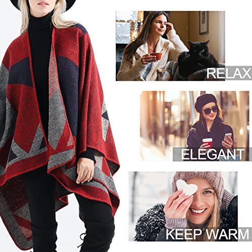 CheChury Women Printed Poncho Cape Reversible Scarf Oversized Shawl Wrap Open Front Cardigans Tartan Blanket Long Geometric for Women,Red