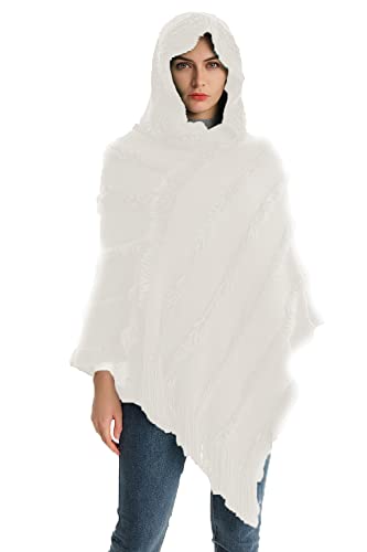 Rayson Womens Crochet Poncho with Fringe Soft Knitted Fluff Capes Solid Knitting Shawl Wrap Poncho Fringe Sweater Coats,White