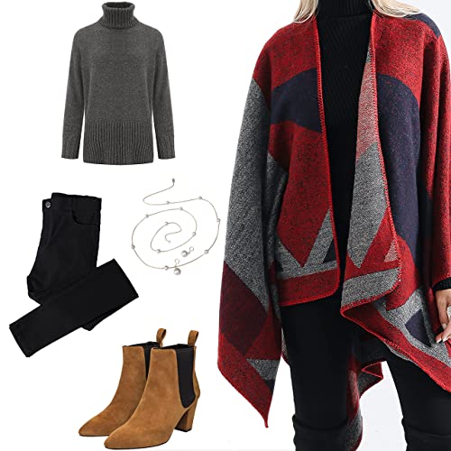 CheChury Women Printed Poncho Cape Reversible Scarf Oversized Shawl Wrap Open Front Cardigans Tartan Blanket Long Geometric for Women,Red