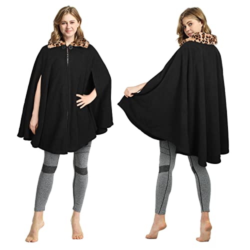 Catalonia Classy Women's Poncho Cape, Sherpa Fleece Cloak Coat, Snuggly Wearable Blanket,Medieval Bride Wedding Party Winter Poncho Gift Idea Black