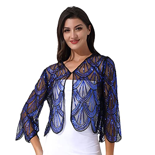 CHICTRY Women Shiny Sequins Evening Cape Vintage Long Sleeve Party Bolero Shrug Cardigan Blue One Size