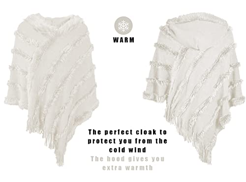 Rayson Womens Crochet Poncho with Fringe Soft Knitted Fluff Capes Solid Knitting Shawl Wrap Poncho Fringe Sweater Coats,White
