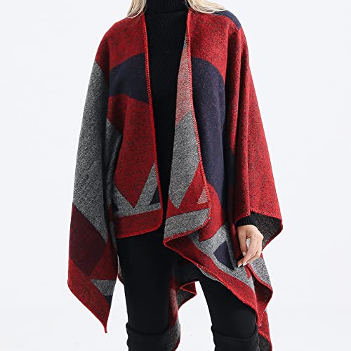 CheChury Women Printed Poncho Cape Reversible Scarf Oversized Shawl Wrap Open Front Cardigans Tartan Blanket Long Geometric for Women,Red