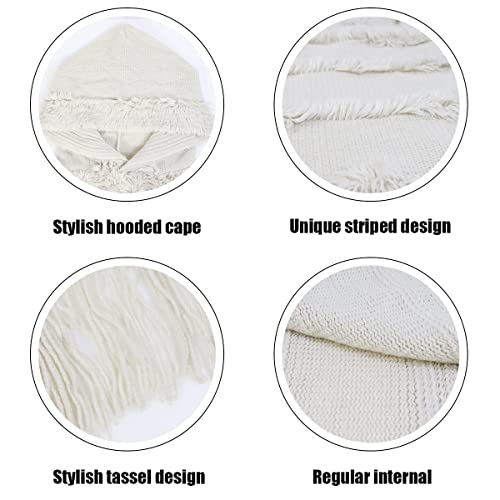 Rayson Womens Crochet Poncho with Fringe Soft Knitted Fluff Capes Solid Knitting Shawl Wrap Poncho Fringe Sweater Coats,White