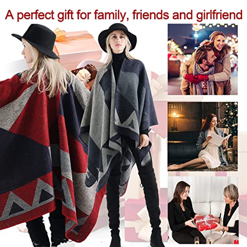 CheChury Women Printed Poncho Cape Reversible Scarf Oversized Shawl Wrap Open Front Cardigans Tartan Blanket Long Geometric for Women,Red
