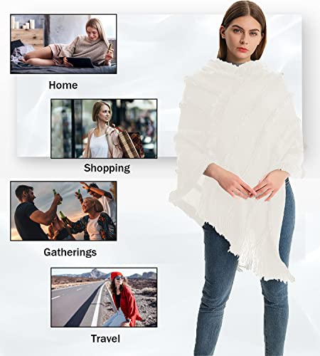 Rayson Womens Crochet Poncho with Fringe Soft Knitted Fluff Capes Solid Knitting Shawl Wrap Poncho Fringe Sweater Coats,White