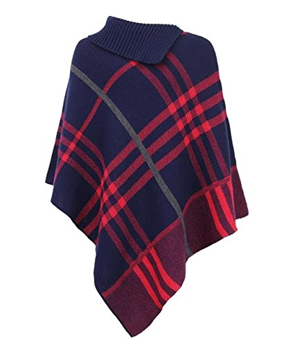 Zaif & Hari Woman Coller 3 Buttons Cape Shawl Wrap Cabel Knitted Sweater Jumper Ladies Poncho One Size 8-26 (One Size UK(8-26), Navy Tartan Print)