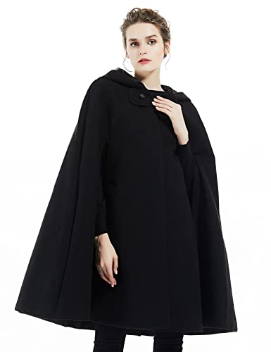 BEAUTELICATE Hooded Cape Cloak Long For Women Bride Winter Wedding Wool-Blend Poncho Medieval Halloween Christmas Cosplay Costume Black Half Length