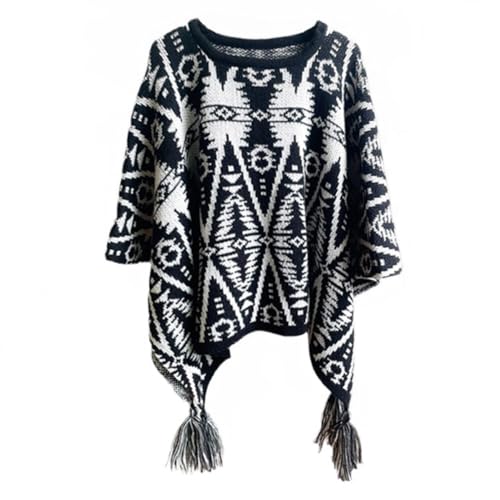 PFLife Women Oversized Poncho Cape Ladies Warm Shawl Wrap Ethnic Style Printed Blanket Cardigans Knitted Winter