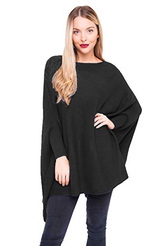 Zaif & Hari New Italian Ladies Women Batwing Tassels Poncho Knitted Winter Shawl Plus Size Fits 16 18 20 22 24 26 28 (Black)