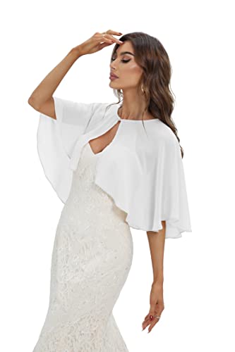 Keivvsh Capelets for women Chiffon Cape Shawls and Wraps for Evening Dress Wedding Capes Cover Up - White