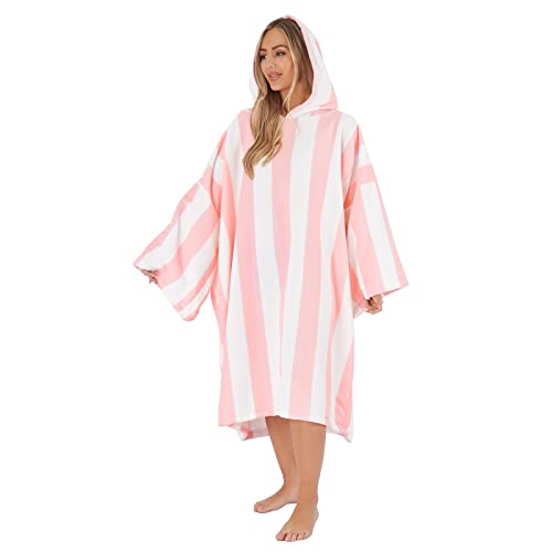 Dreamscene Striped Poncho Towel Adult Hooded Oversized Bath Beach Surf Absorbent Microfiber Quick Dry Womens Changing Robe, Blush Pink
