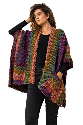 Roman Originals Winter Cape with Pockets for Women UK Ladies Aztec Print Shawl Cardigan Cardi Textured Longline Cover Up Knitted Throw Autumn Pull-On Boho Bohemian Casual - Multi - Size ONE