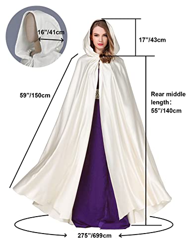 BAEAUTEICATE Wedding Cloak Cape with Hood Long Satin Poncho for Women Bride Maxi Unisex Medieval Coat Halloween Christmas Coaplay Costume Full Length (One Size, Light Ivory)