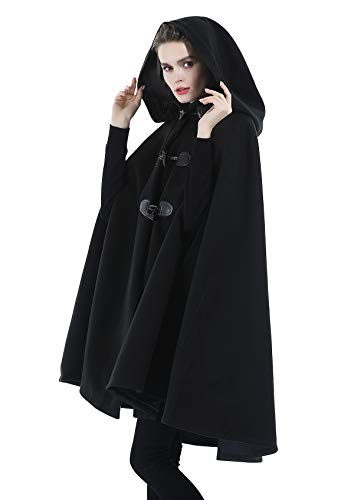 BEAUTELICATE Hooded Cape Coat Wool-Blend Oversized Medieval Cloak Poncho Fashion Overcoat Vintage Outwear Plus Size For Women Autumn Winter(One size, Black)