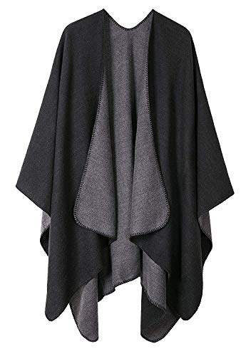 Womens Reversible Oversized Poncho Cape Blanket Shawl Cardigans (One Size, Black & Grey)