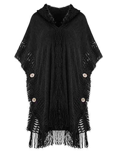 JFAN Ponchos for Women Hooded Cape Knitted Shawls with Buttons and Tassels Black
