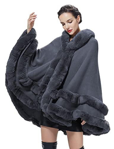 BEAUTELICATE Knit Cape Coat Women Knitted Hooded Cloak Poncho With Fur Trims Faux Fur Shawl Wrap Stole Fashion Oversize Cardigans for Autumn Winter Wedding Bride Bridesmaids(One size, Stone Grey)
