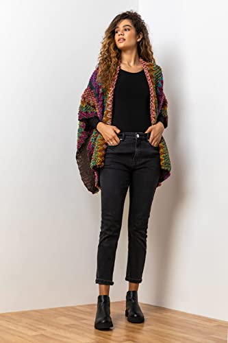 Roman Originals Winter Cape with Pockets for Women UK Ladies Aztec Print Shawl Cardigan Cardi Textured Longline Cover Up Knitted Throw Autumn Pull-On Boho Bohemian Casual - Multi - Size ONE