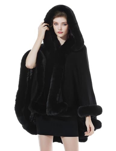 BEAUTELICATE Knit Cape Coat Women Knitted Hooded Cloak Poncho with Fur Collar Faux Fur Shawl Wrap Stole Fashion Oversize Cardigans for Autumn Winter Wedding Bride Bridesmaids(One Size, Black)